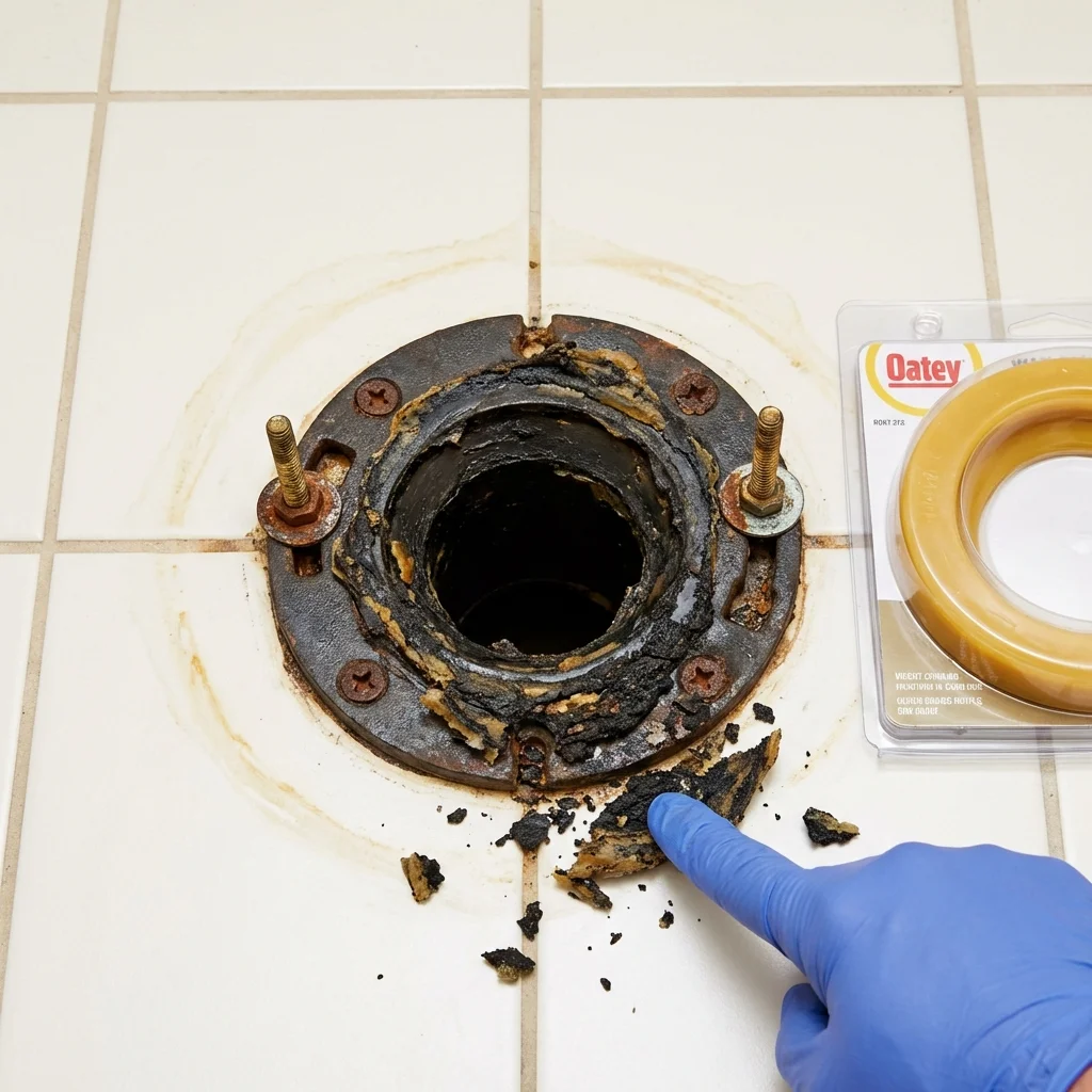 Failed wax ring showing water seepage at the base of a toilet in a Huntington, WV home