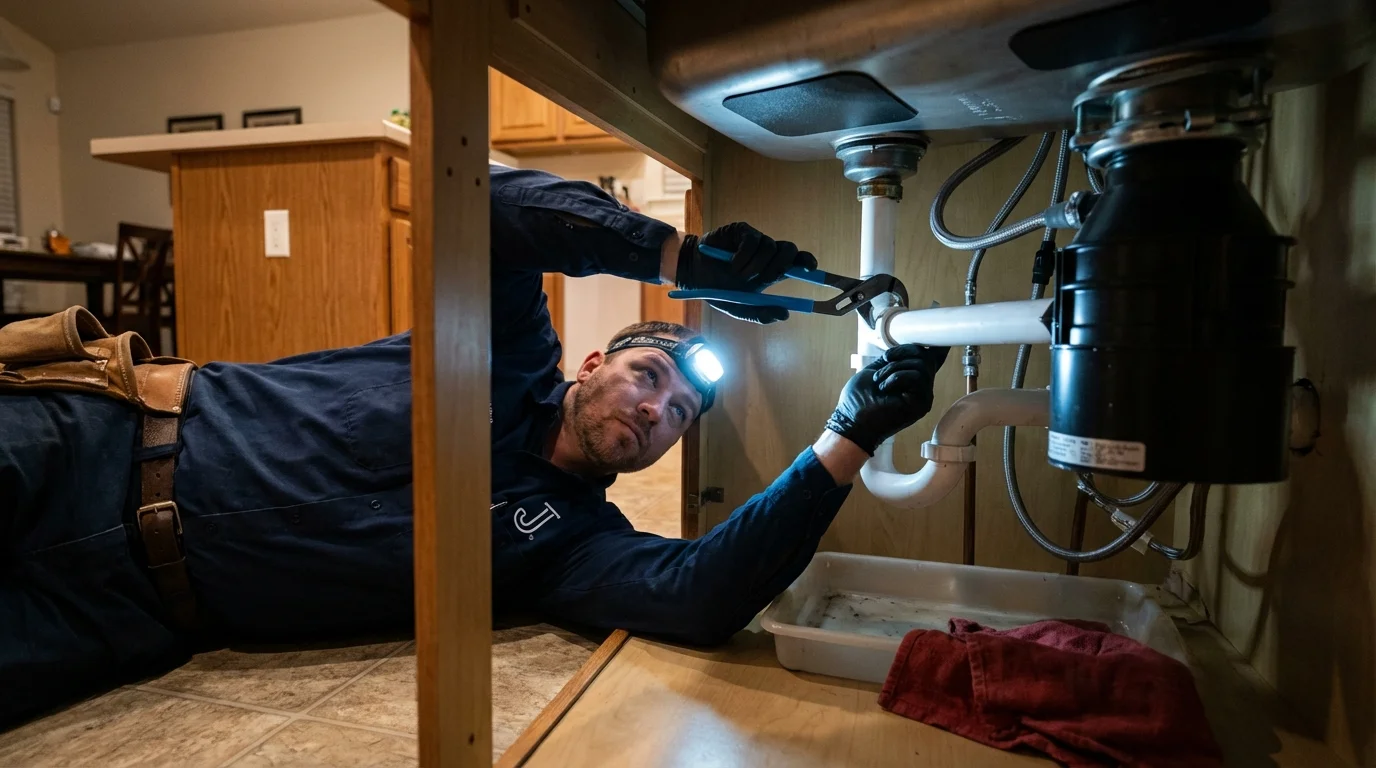 P-trap and supply line connections under a kitchen sink showing a common leak point in Huntington, WV